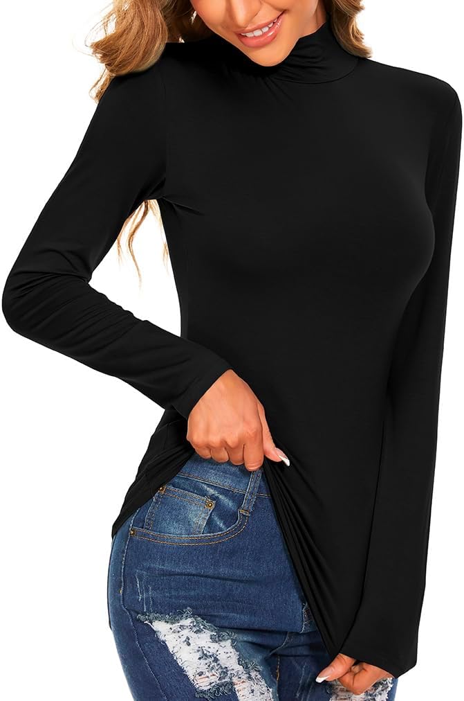 Women's Long Sleeve Mock Turtleneck Tops Casual Slim Fitted Lightweight Under Layer Pullover Shirts - Image 2