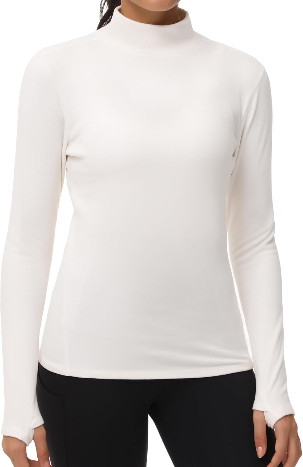 Women's Mock Turtleneck Long Sleeve Shirts Fleece Thermal Underwear Pullover Tops with Thumb Hole - Image 2