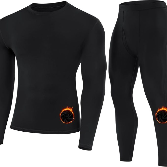 Mens Thermal Underwear Set Fleece Lined Long Johns Base Layer Top Bottom Cold Weather Gear for Hunting Running Skiing
