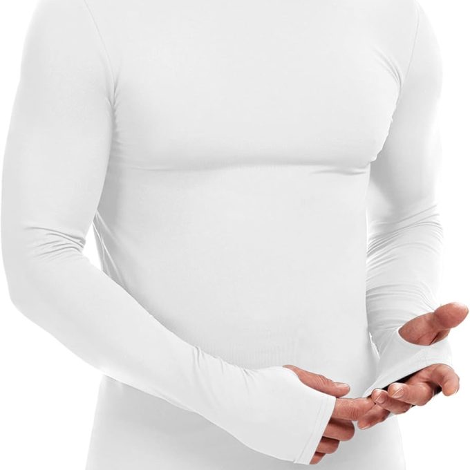 Mens Thermal Tops Long Sleeve Fleece Lined Baselayer Undershirt for Winter Cold Weather with Thumb Holes