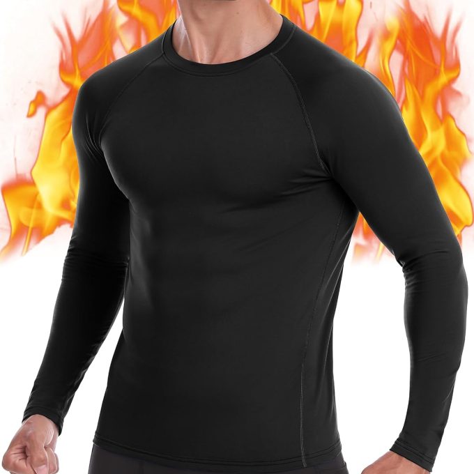 Mens Thermal Compression Shirts, Warm Long Sleeve Fleece Lined Tops Athletic Base Layer for Running Cold Weather