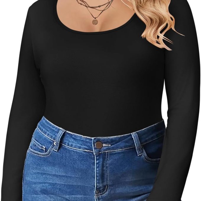 Women's Plus Size Long Sleeve Shirts Scoop Neck Slim Fitted T Shirt Stretchy Bodycon Basic Tee Tops