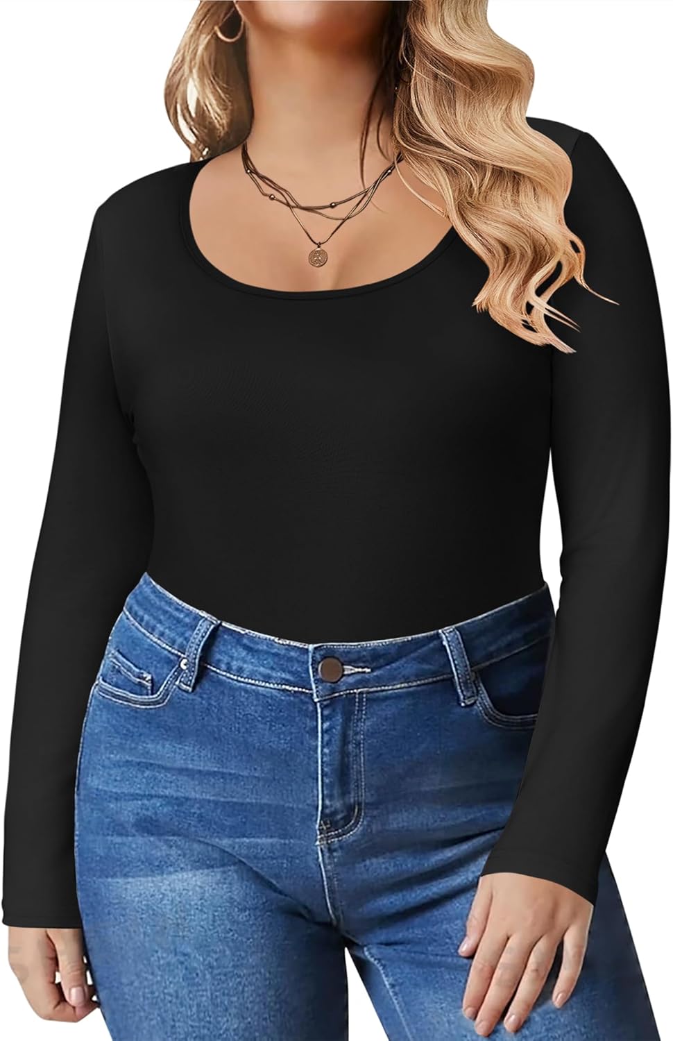 Women's Plus Size Long Sleeve Shirts Scoop Neck Slim Fitted T Shirt Stretchy Bodycon Basic Tee Tops