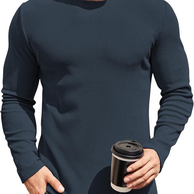 Mens Long Sleeve Shirts Thermal T-Shirt Slim Fit Crewneck Sweater Knitted Pullover Shirt